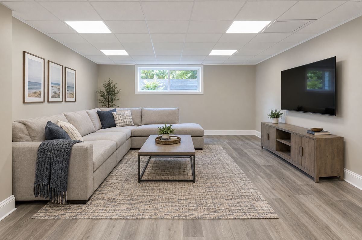 Finished basement with a white drop ceiling and flush LED panels
