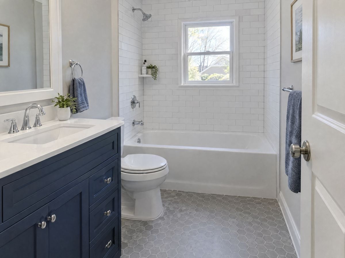 Bathroom with white subway tile, gray hexagon floor tile and a navy vanity
