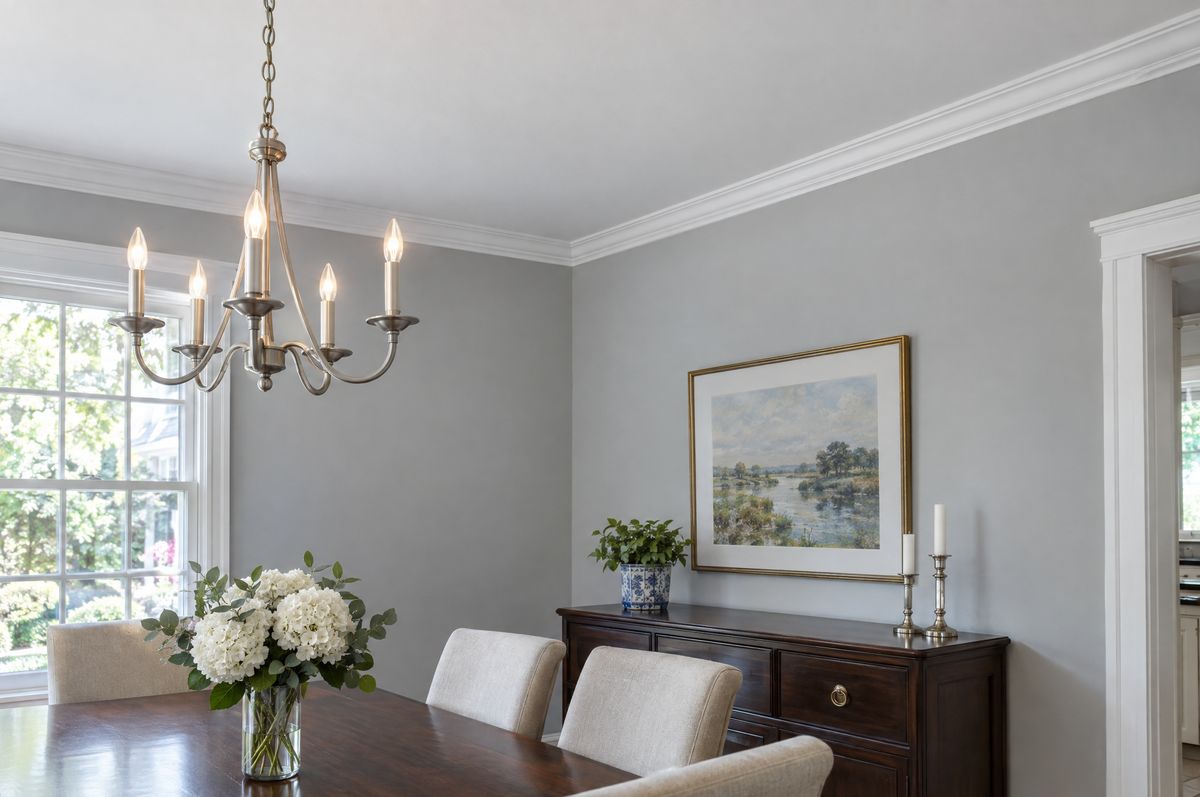 Dining room with white crown molding where the walls meet the ceiling