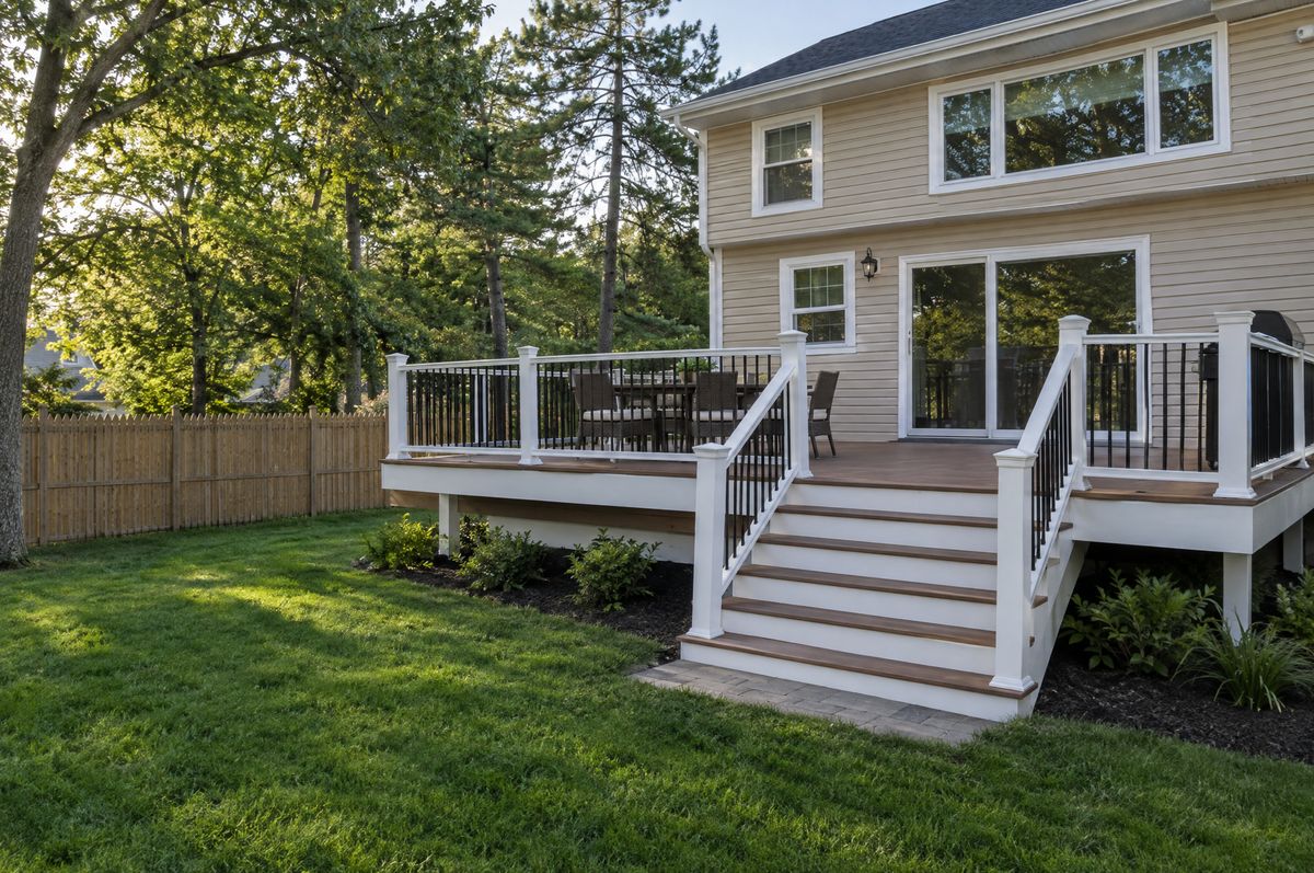New composite deck with white railings on the back of a high ranch house