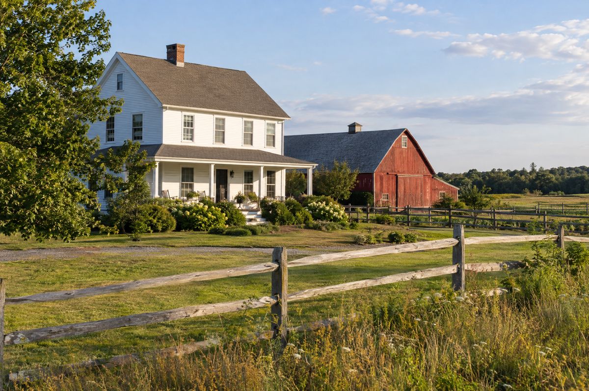 Old white farmhouse with a wide porch next to open fields