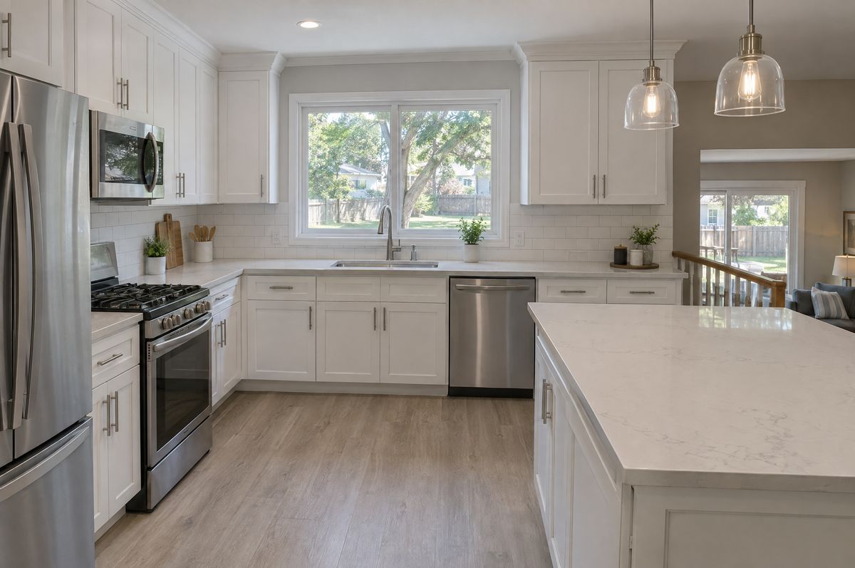 Kitchen with new white shaker cabinets and a tiled backsplash