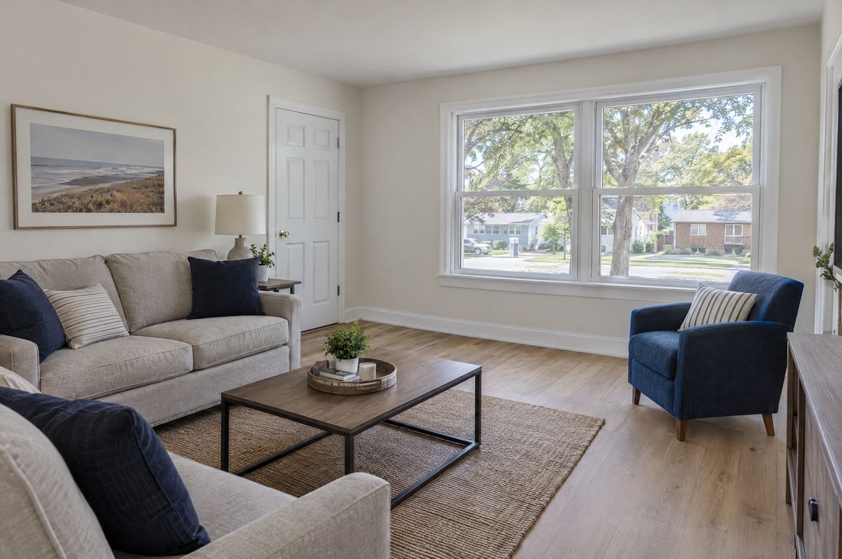 Renovated living room with smooth walls, new trim and vinyl plank flooring