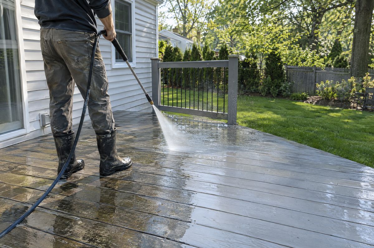 Gray weathered deck boards, half cleaned, showing the wood color underneath