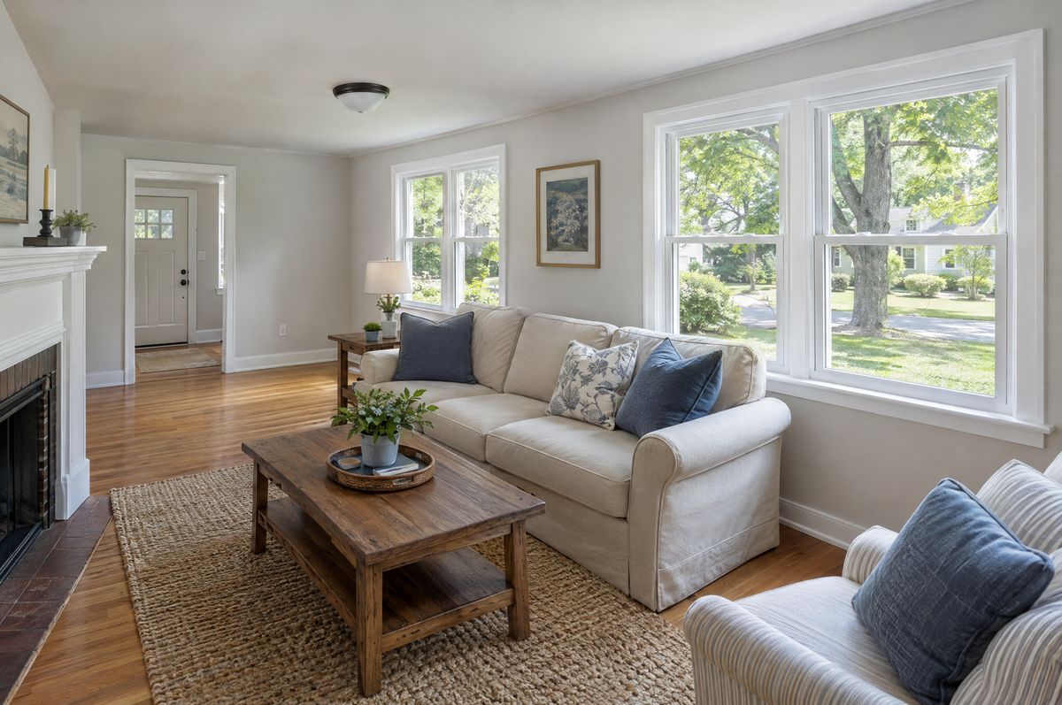 Cape-style house with new white double-hung windows across the front