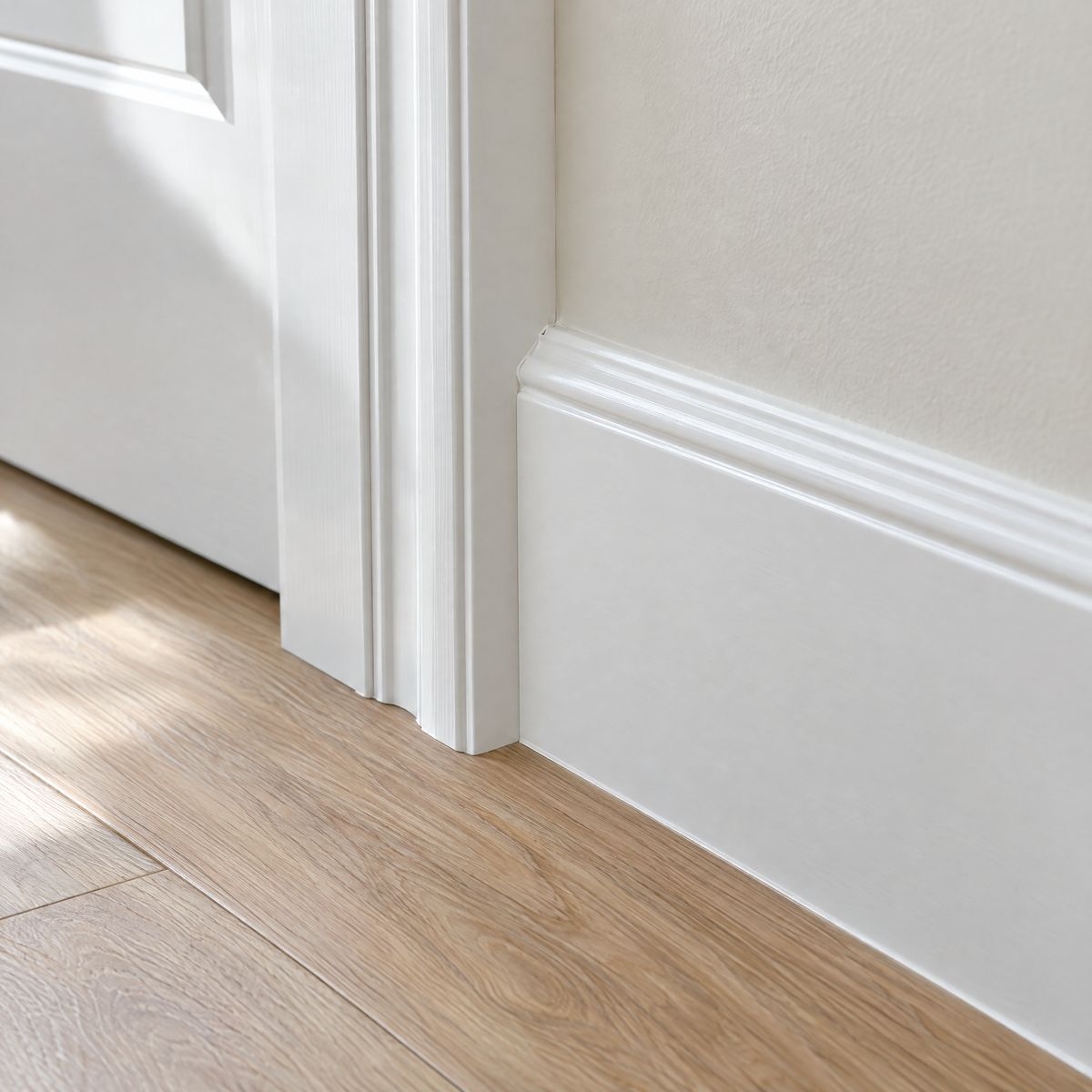 Close-up of painted window casing and baseboard meeting at a clean corner