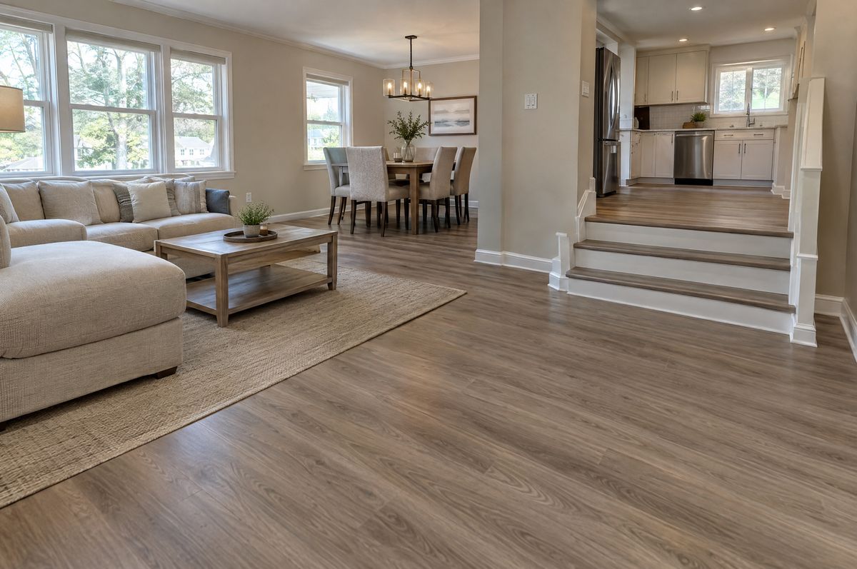 Split-level living room with wide light oak-look vinyl plank flooring