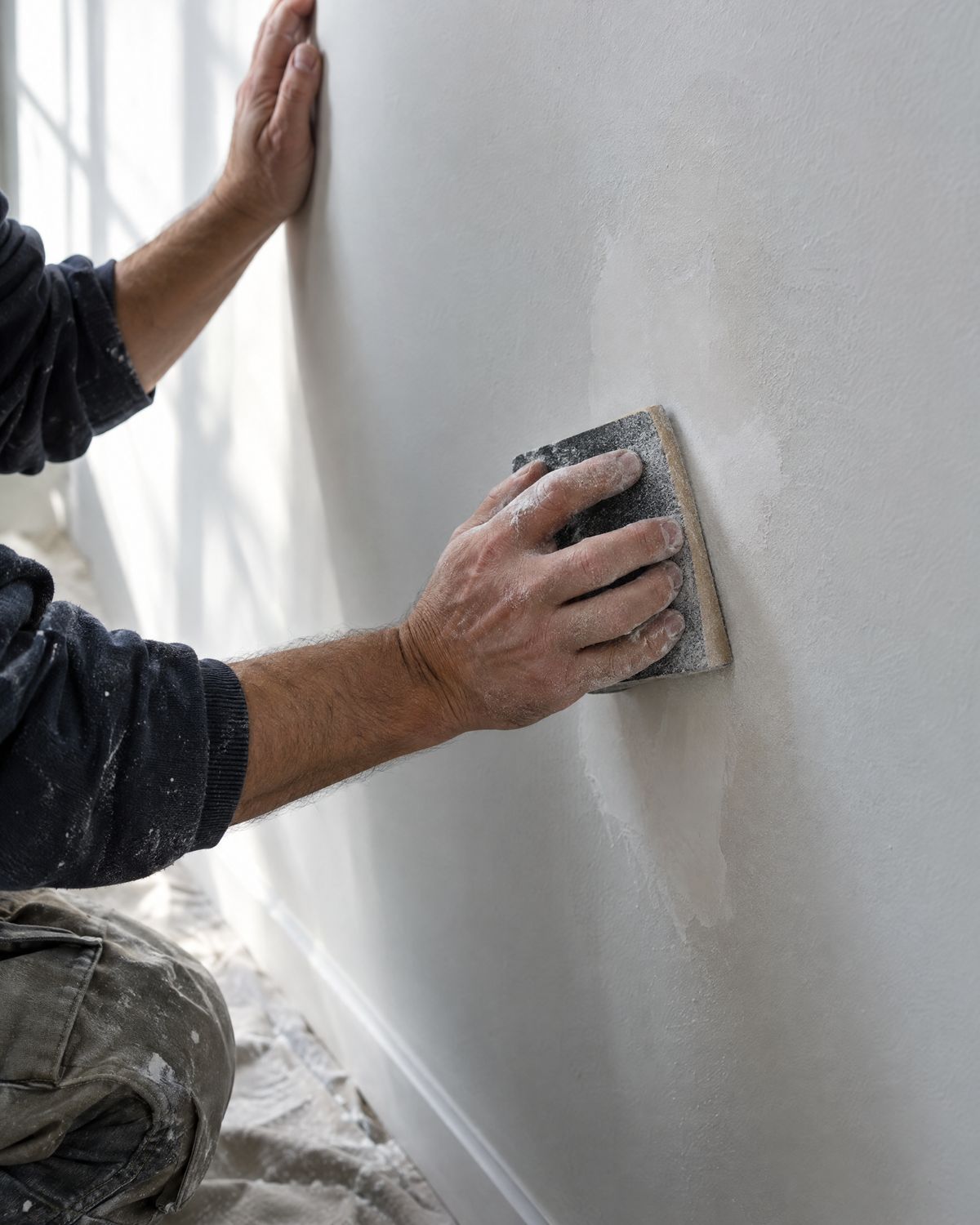 Sanding a finished sheetrock joint smooth on a white wall
