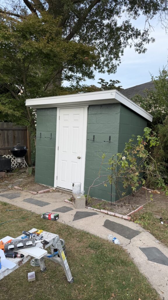 Repaired backyard shed painted green with a new white door and trim